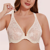 Women's Plus Size Racerback Unlined Lace Underwire Front Closure Bra